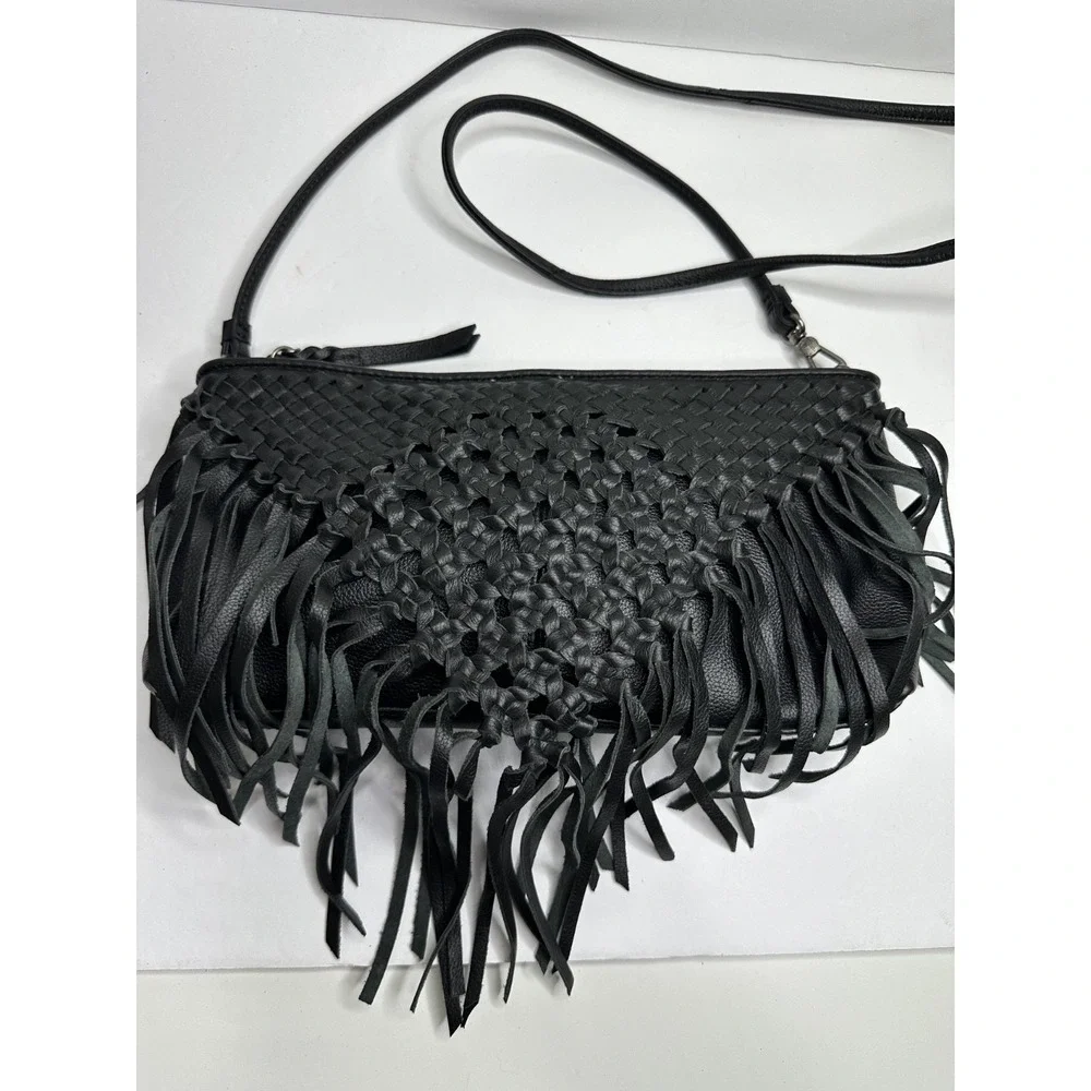 The Sak Filmore Purse Fringe Woven Black Leather Crossbody Clutch - Picture 7 of 16